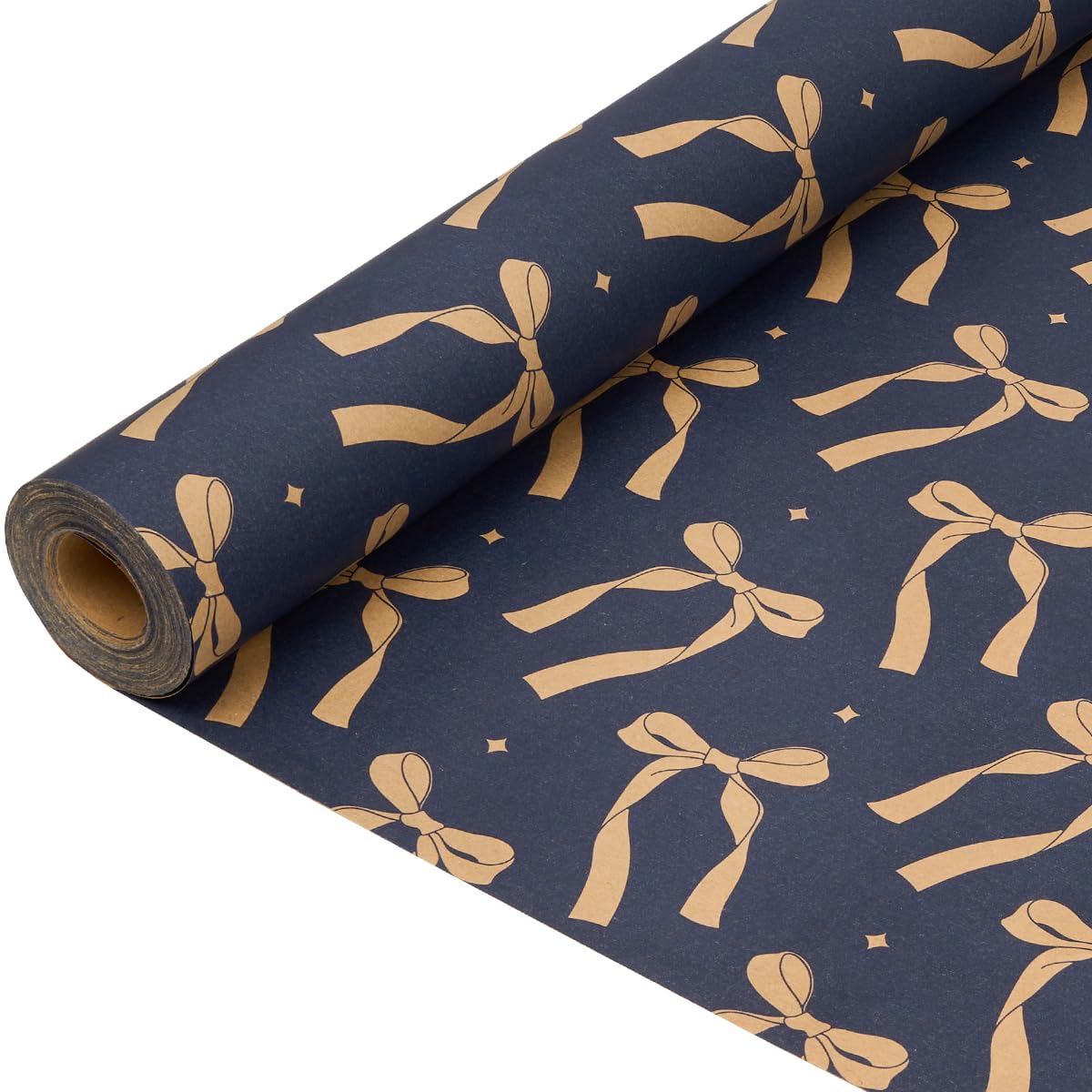 Christmas Kraft Gift Wrapping Paper : Recyclable Festive Bow Design Gift Wrapping Paper Roll Navy Blue Paper for Birthday Wedding Gifts Art Crafts - 43cm x 15M — image 1
