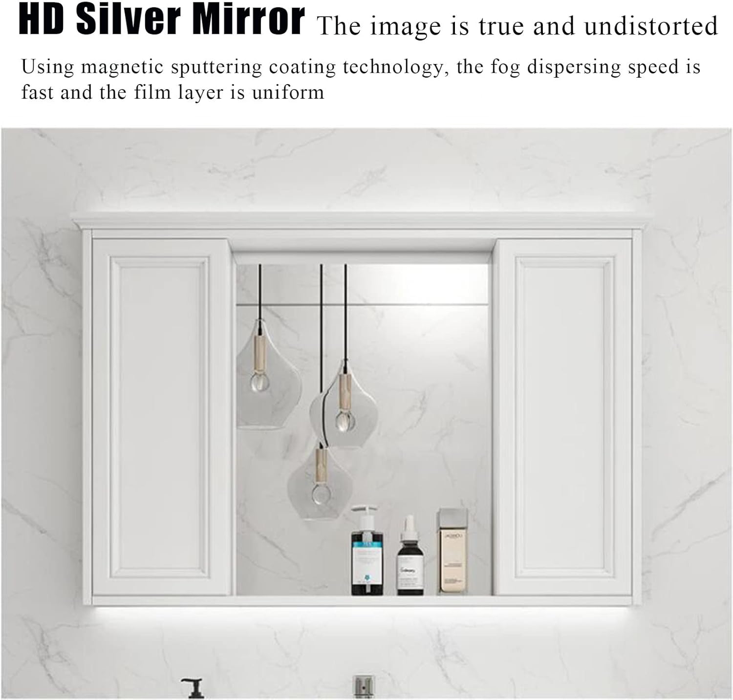 ミラードア付き無垢材バスルームウォールキャビネット グレー長方形