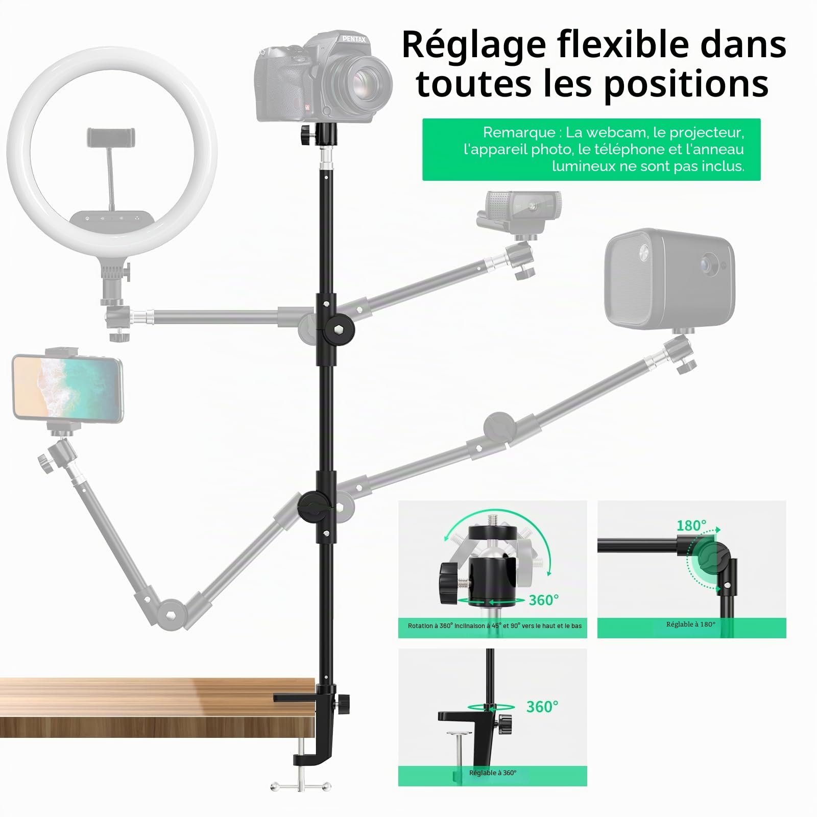 KDD Support Webcam avec Support Téléphone & Vis 5/8” 22" Support Videoprojecteur Flexible, Pied Micro de Bureau Col de Cygne pour Logitech C922 C615 Brio 4K GoPro Hero Blue Yeti Snowball Ice, etc.