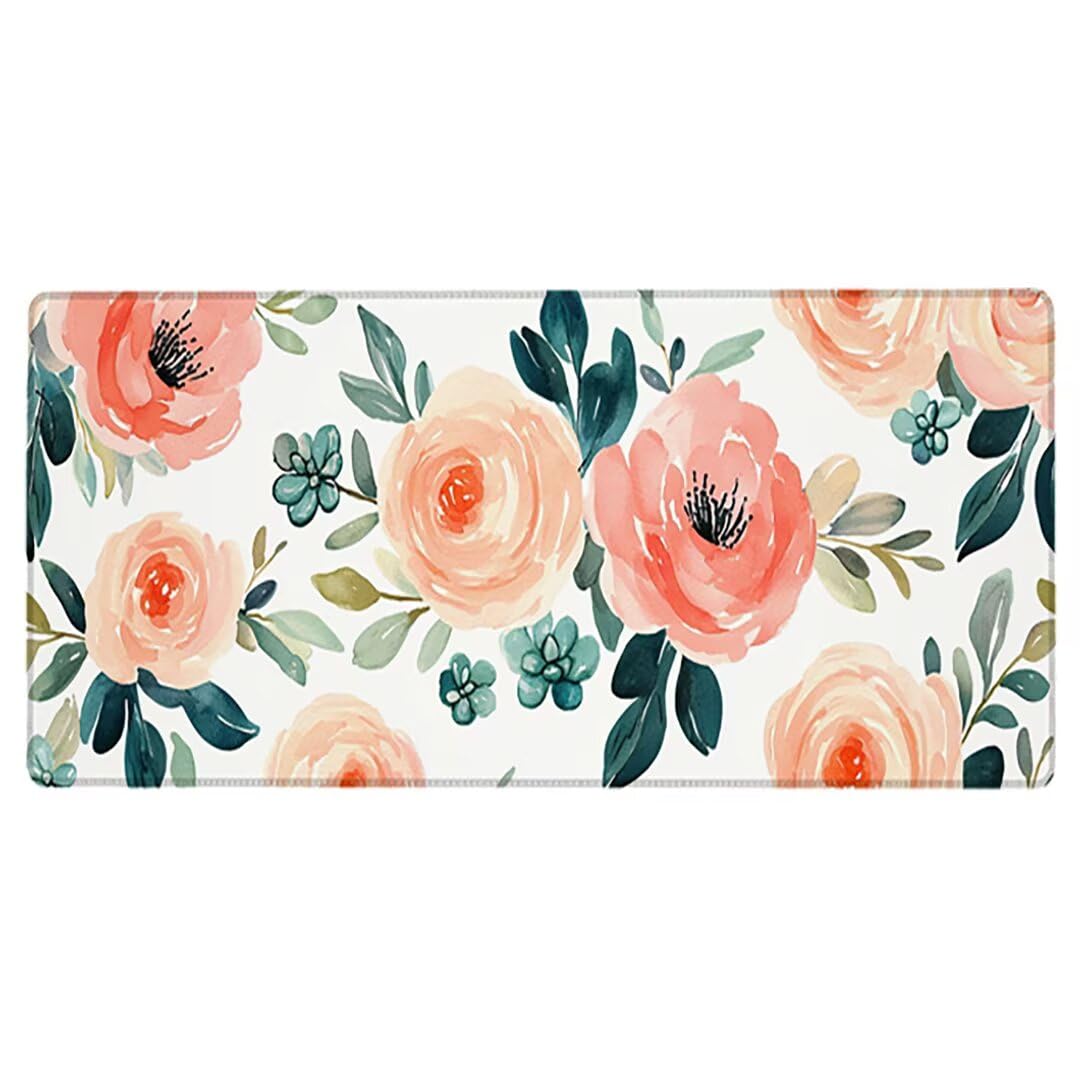 Podkładka pod mysz XXL Flower - 1400x600x3mm - biała duża mata na biurko z przeszytymi krawędziami i antypoślizgowa wodoodporna do komputera, laptopa poprawia precyzję i szybkość. -36478