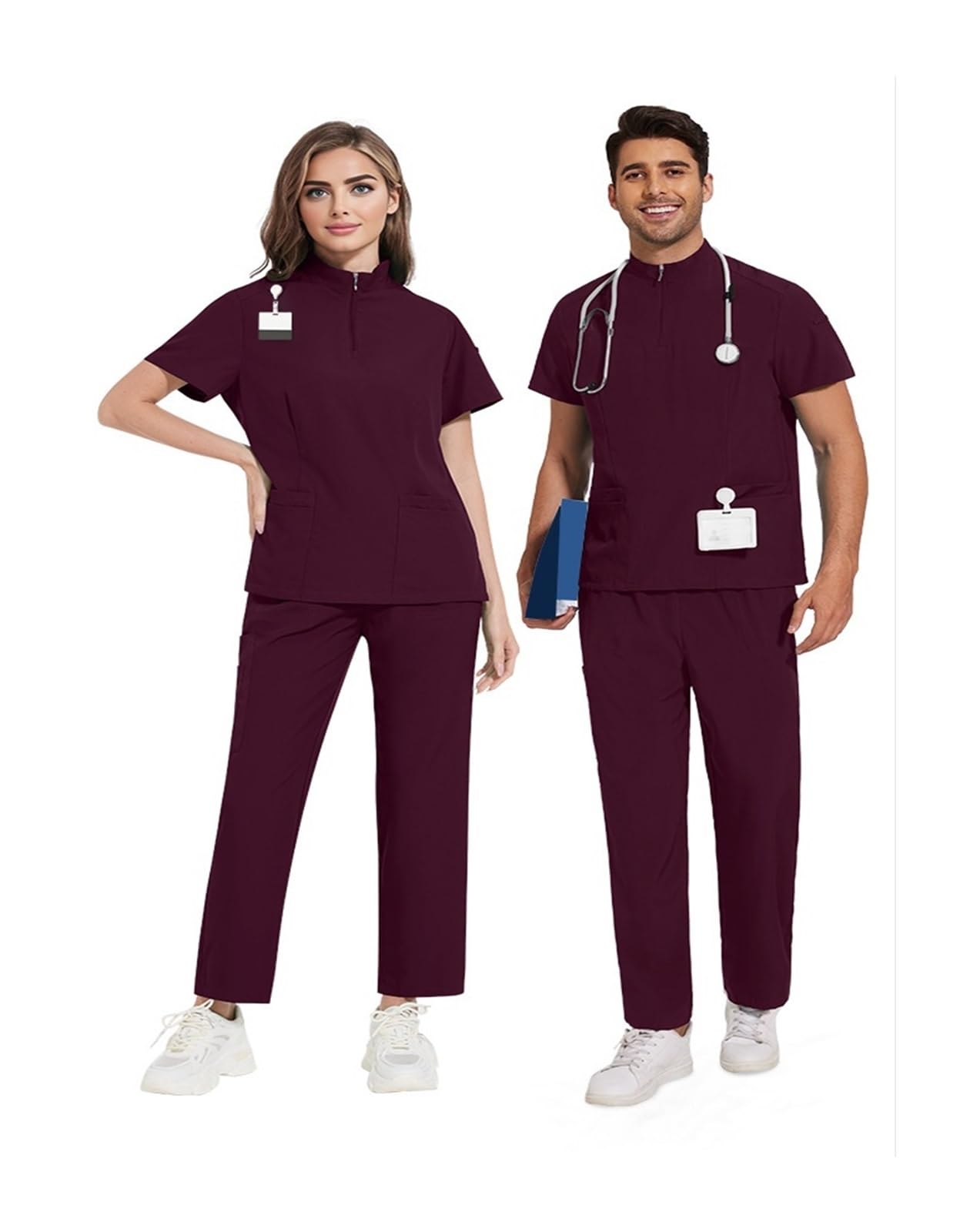 Monos Médicos Conjuntos de Uniformes médicos for Mujeres y Hombres, Camisetas, Pantalones, Ropa de Trabajo for clínicas dentales y Salones de Belleza(Wine Red,XXL)