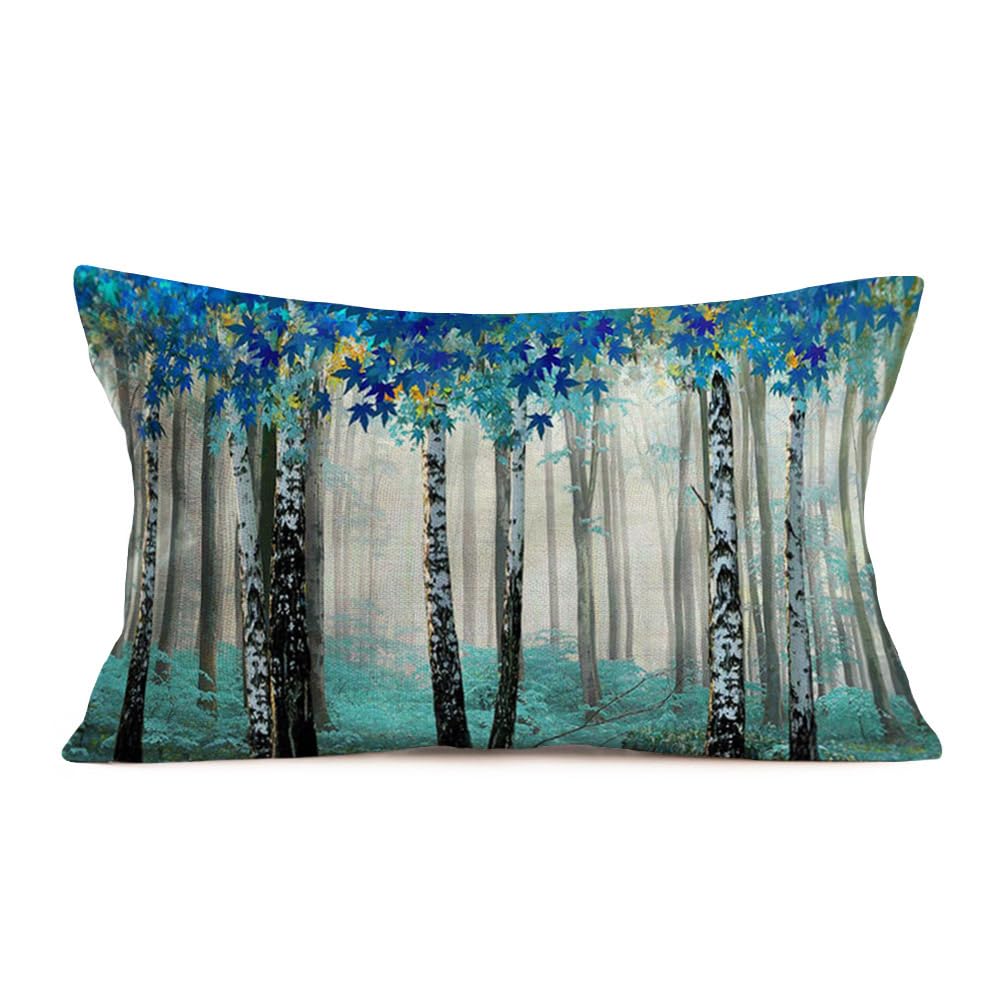 Forest Scenery Lumbar Pillowcase 12x20 Inch Blue Rectangular Pillow Covers Birch Tree Classical Watercolor Oil Painting Aqua Throw Pillow Case Oblong Modern Farmhouse Decor for Home Sofa Couch