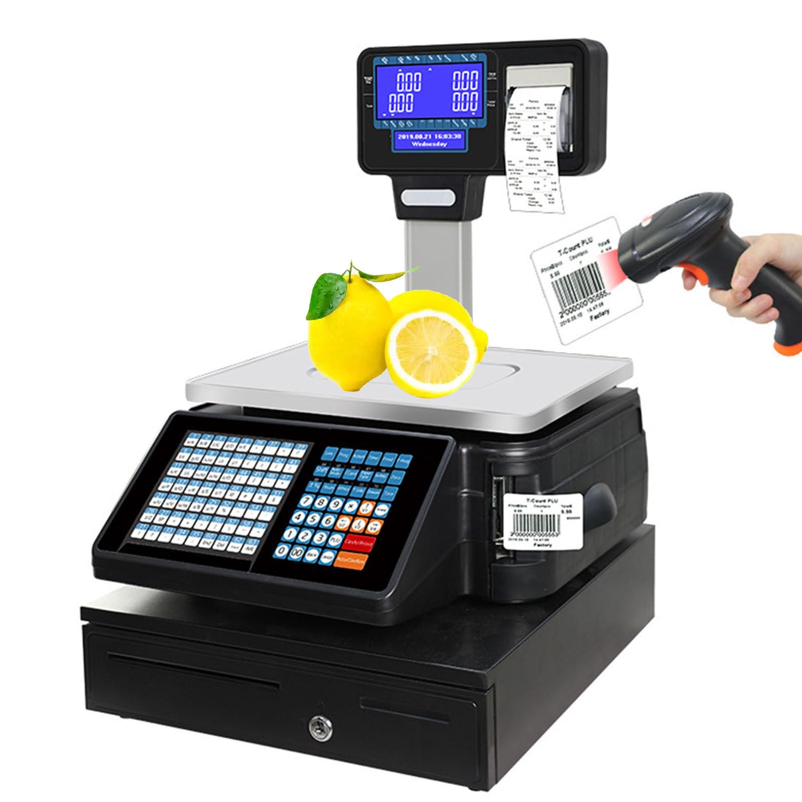 Skala drukowania etykiet cyfrowych, dwustronny wyświetlacz LCD, cyfrowa skala obliczeniowa Drukarka termiczna elektronika elektronika kodu kasy kod kodowego dla supermarketu sklep spożywczy,Machine+Scanner+Cashbox