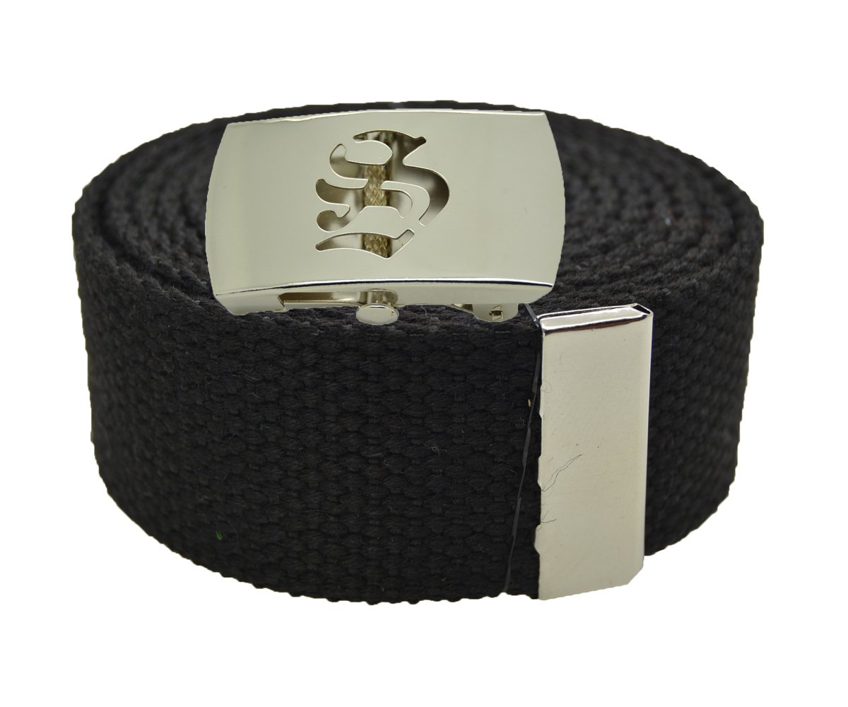 BodyJewelryOnline Old English Initial S Canvas Military Web Black Belt & Big Silver Buckle 60 Inch