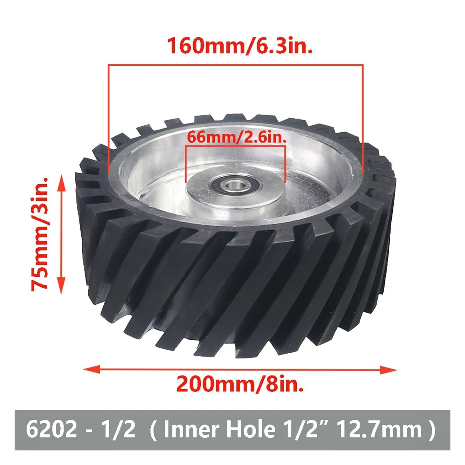 Roue de contact en caoutchouc dentelée 200 x 75 mm, équilibrée dynamiquement, for ponceuse à bande(6004 installed 20,Medium 70A)