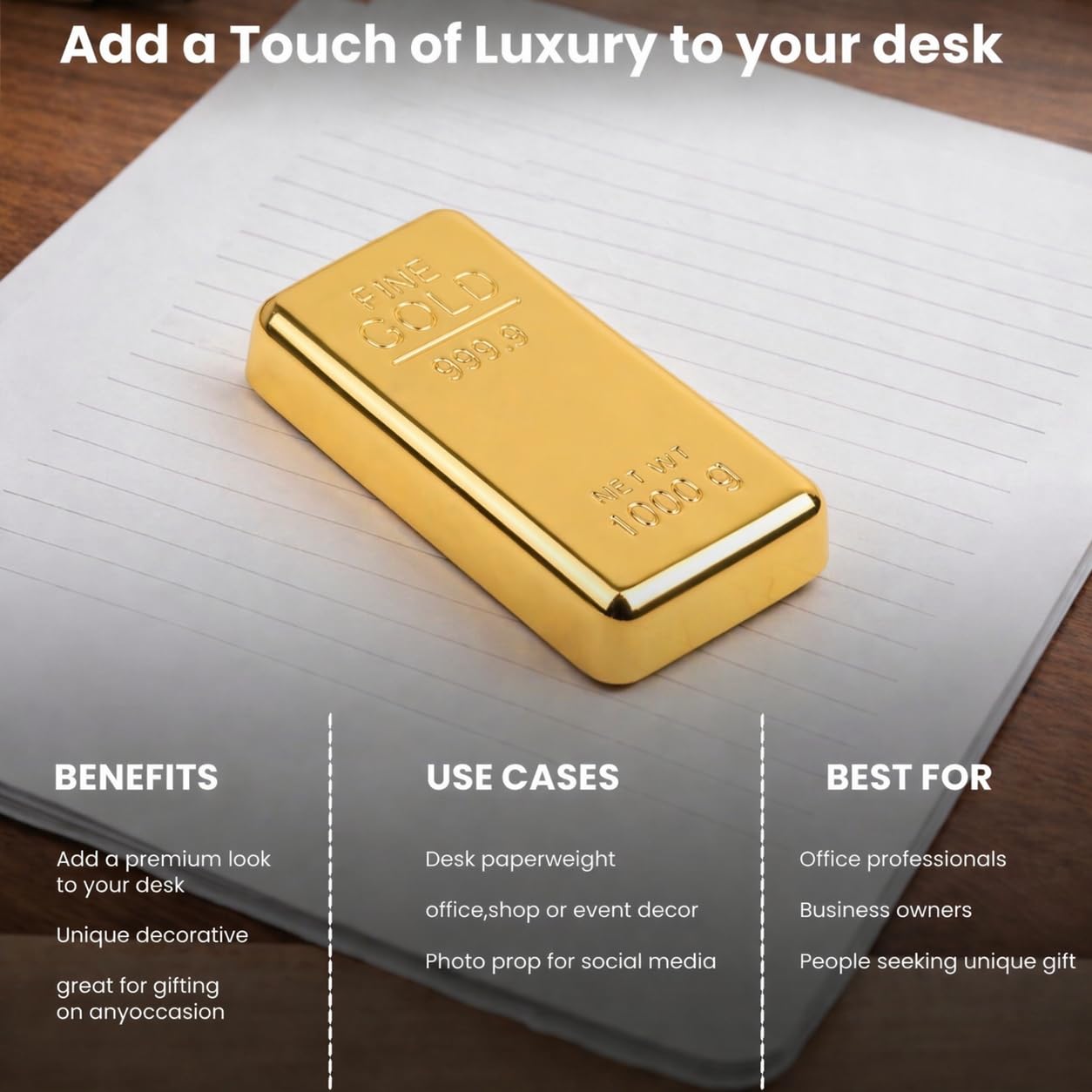 ZAHEPA Realistic Metal Gold Bar Paperweight for Office Table, Fake Gold Biscuit Paper Weight Table Decoration, Prop for Jewellery Shop & Heist Theme, Unique Gift for Home & Office (Pack of 1) 3