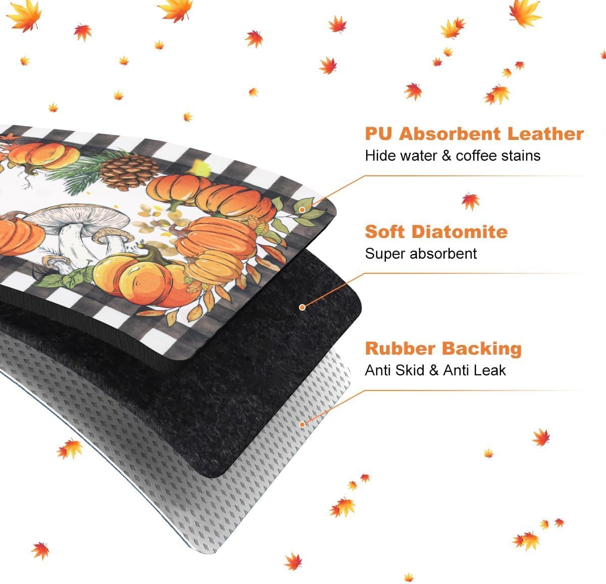 LOKHOM 12"x20" Fall Dish Drying Mat，Autumn Harvest Pumpkin Mushrooms
