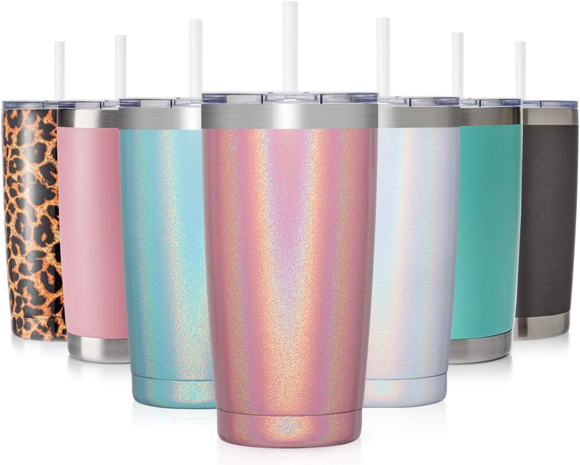 CIVAGO 20oz Insulated Stainless Steel Tumbler, Coffee Tumbler with Lid and Straw, Double Wall Vacuum Leak-proof Travel Coffee Mug, Powder Coated Tumbler Cup(Pink Shimmer,1)
