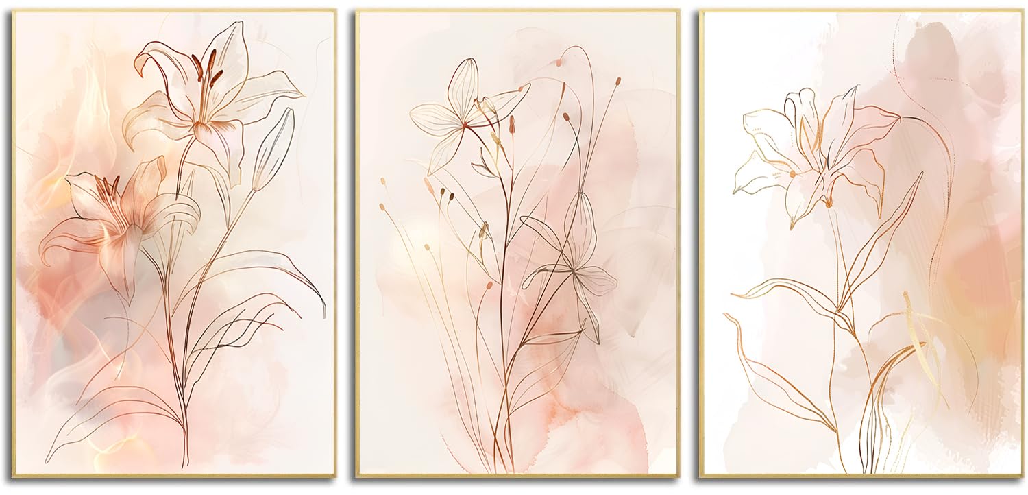 Djmwtb Minimalist Botanical Wall Art Gold Boho Floral Poster Prints Set of 3 Pink Modern Abstract Flower Canvas Pictures Line Art Painting Decor for Bedroom Bathroom Living Room 16x24in Unframed