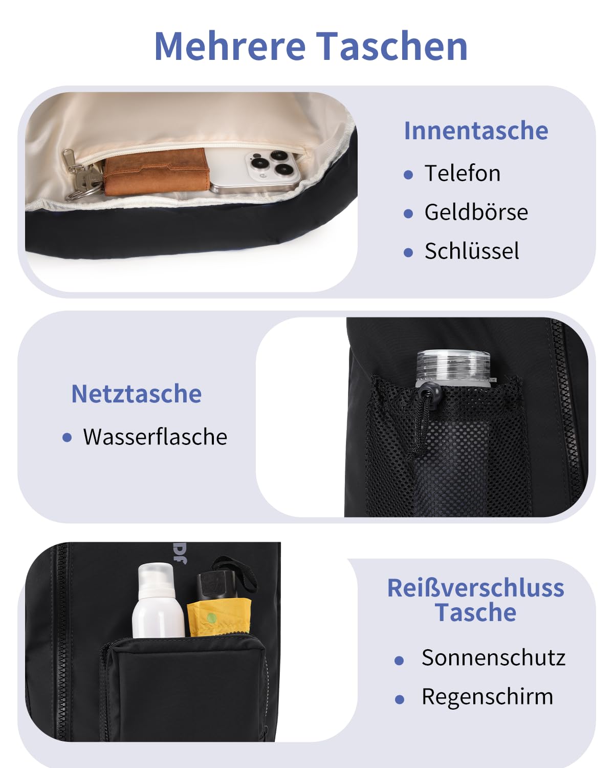 WANDF Turnbeutel mit Schuhfach, Sportbeutel Wasserabweisend,Gym Bag mit Kordelzug für Damen Herren Kinder,Große Kapazität Rucksack für Sport,Schwimmen,Reisen,Schule (Schwarz)