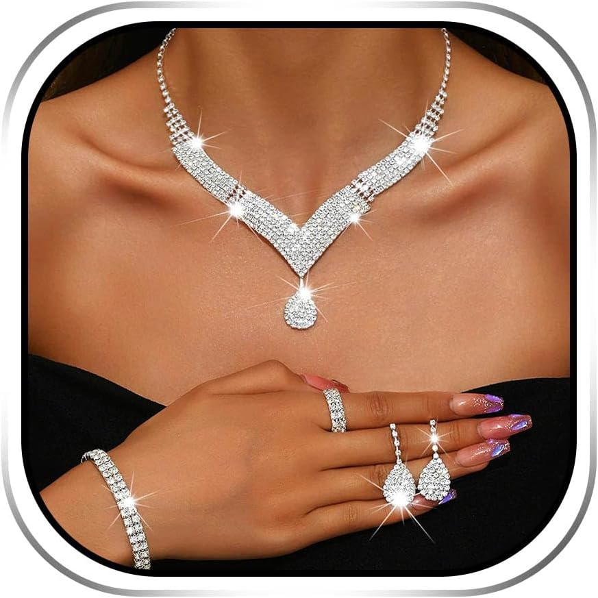 JAKAWIN Bridal Wedding Jewelry Set Silver Rhinestone Prom Necklace Earring Bracelet Set for Women
