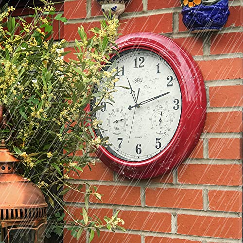 Bew Large Outdoor Clock For Patio, Waterproof Thermometer Hygrometer Combo Outdoor Clock, Silent Battery Operated Wall Clock For Pool, Balcony, Fence, Porch (18-Inch, Empire Red) #TOP1