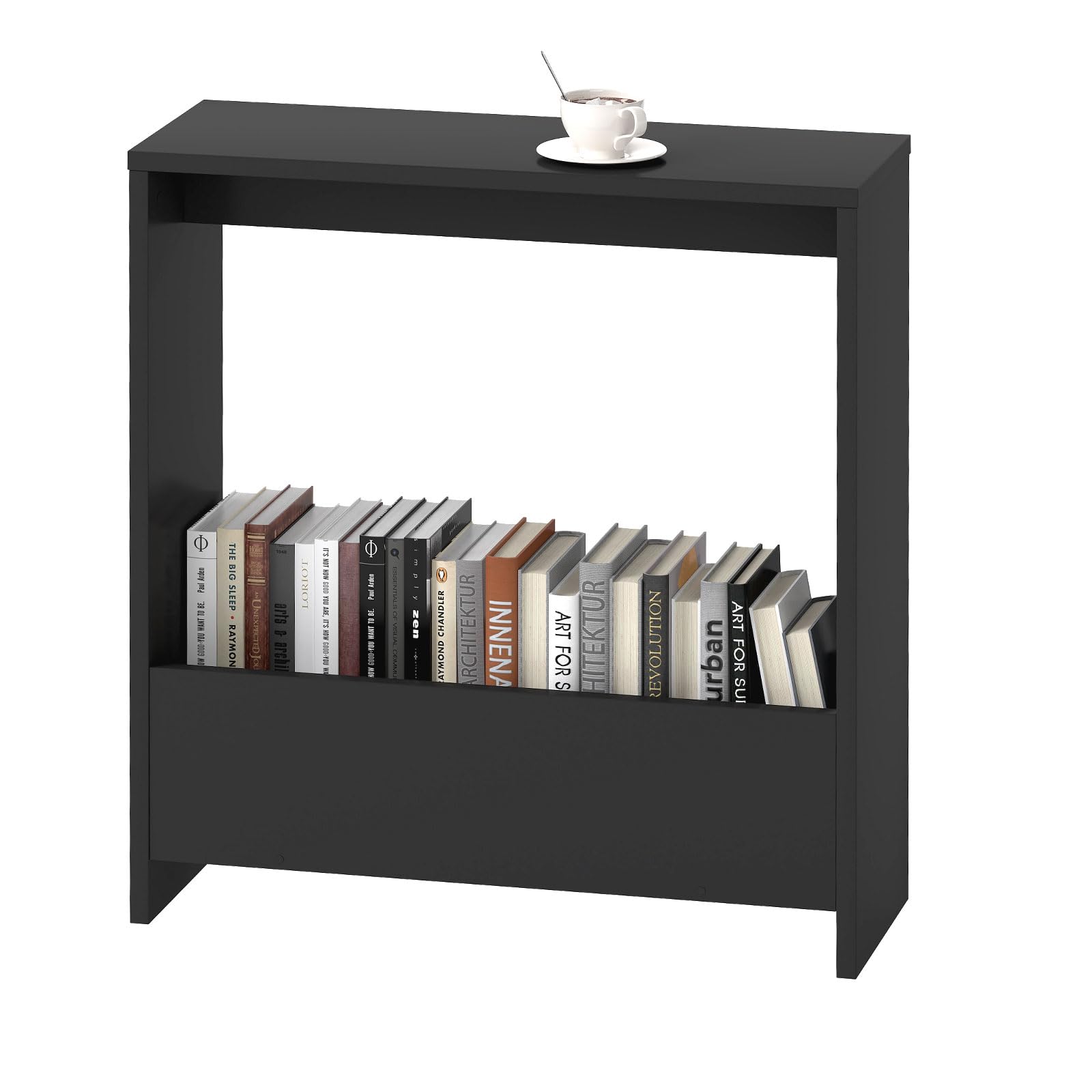 Side Table with Magazine Rack, Wooden Sofa Side Table for Living Room and Office, Bedroom Narrow Storage Cabinet End Table, 55 x 20 x 60cm (Black)