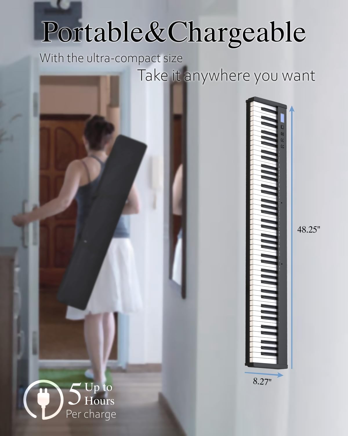 【Pack complet avec support】Longeye Piano Numérique 88 Touches Clavier Électrique Semi-Lesté Compact et Portable pour Débutants, Sac de Transport, Pupitre, Pédale de Sustain,Noir (Slim-88)