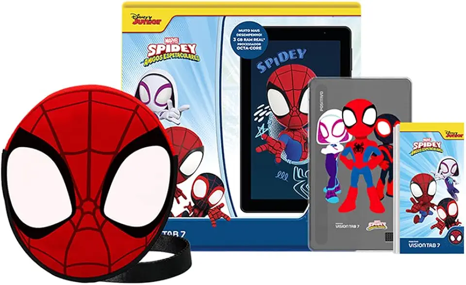 Tablet Positivo Vision TAB 7 Spidey - Processador Octa-Core 3GB RAM 64GB Armazenamento, Tela 7” IPS, Bateria 3100mAh, Android 14 Go, Wi-fi - Preto - Inclui 2 Itens de Proteção (Capa e Transporte)