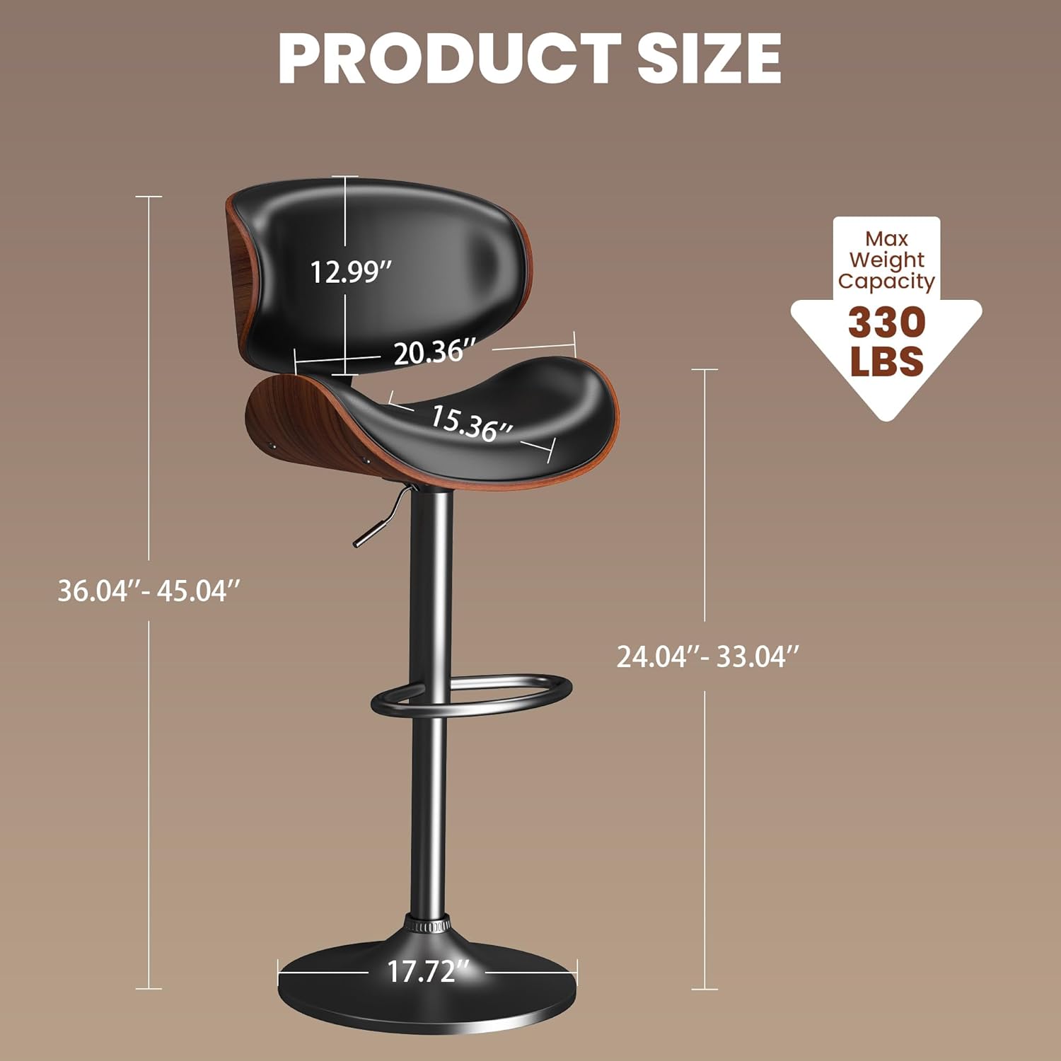 Bar Stools Set of 2, Bar Stools for Kitchen Island with Bentwood Back and Leather Seat, Swivel Barstools for Kitchen Counter, Bar, Black