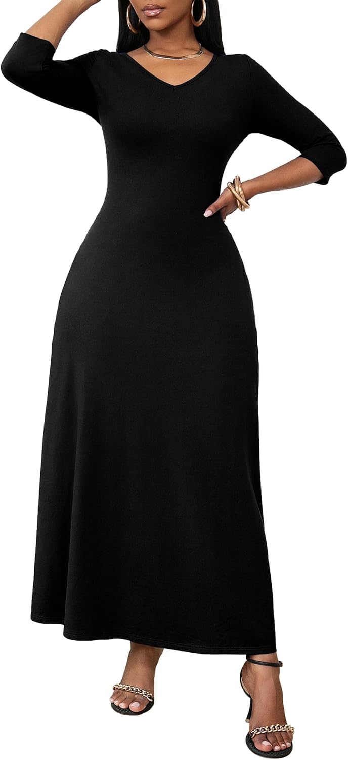 FANDEE Maxi Dress for Women 3/4 Sleeve Maxi Dresses V Neck Casual Loose Long T Shirt Dresses Basic (M-3XL) - Image 4