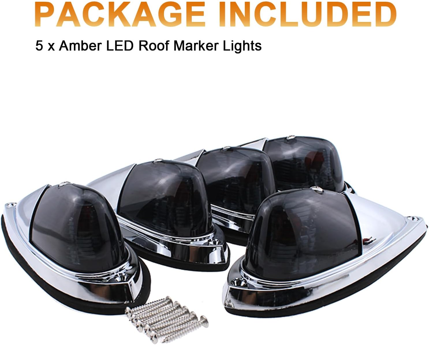 Universal Smoke Lens Amber Light Teardrop Style 5pcs Cab Marker Top Roof Running Lights, Replacement for Kenworth, Peterbilt, Freightliner, Mack, Western Star Trucks and Trailers