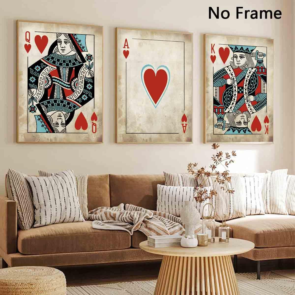 Retro Playing Card Artwork - 3 Pcs Canvas Wall Art - Queen And King Playing Cards - Red Heart Playing Card Wall Art - Living Room Decor - 16x24inchx3 No Frame