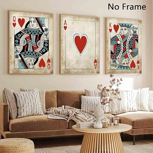 Miniatura 5 de Arte de naipes retro, 3 piezas de arte de pared en lienzo, cartas de juego de reina y rey, arte de pared de naipes de corazón rojo, decoración de