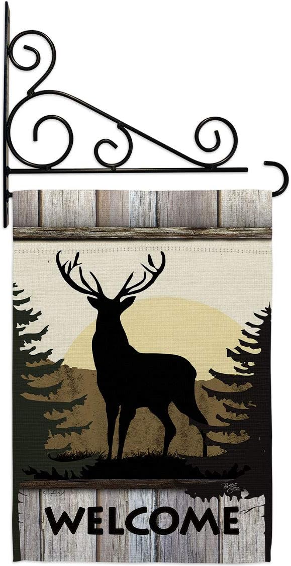 Welcome Deer Garden Flag Set Wall Holder Animals Wildlife Outdoor Bear Wolf Pet Nature Farm Animal Creature Small Decorative Gift Yard House Banner Made In USA 13 X 18.5