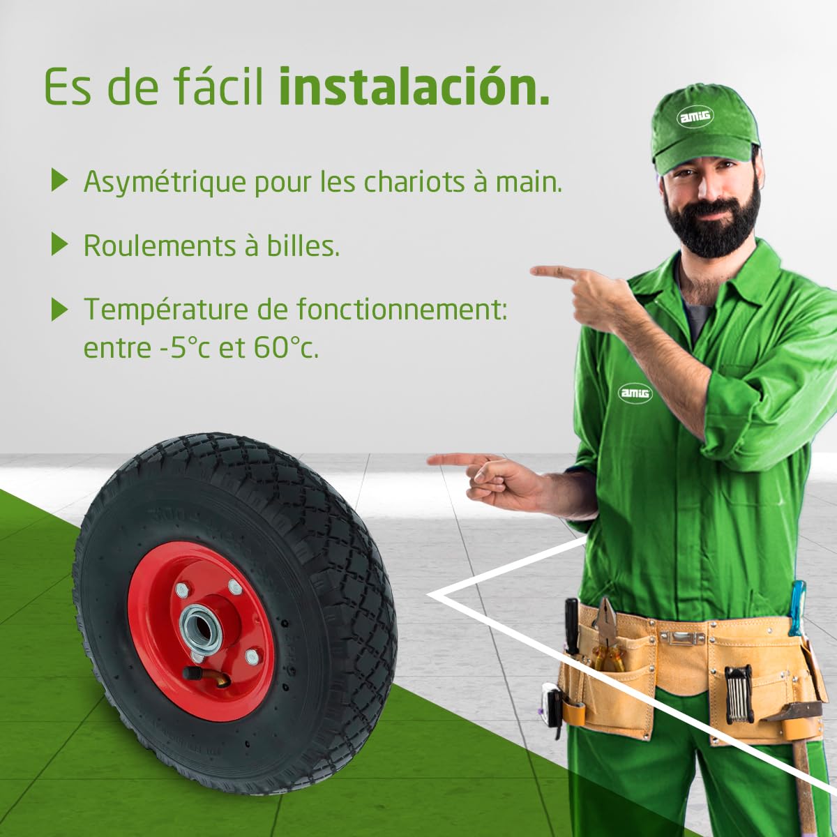 Amig - Roue pneumatique | Roue pour brouettes et chariots de magasin | Chambre à air | Résiste à des températures comprises entre -5ºC et 60ºC | Poids maximum : 150 kg | Ø260x85mm