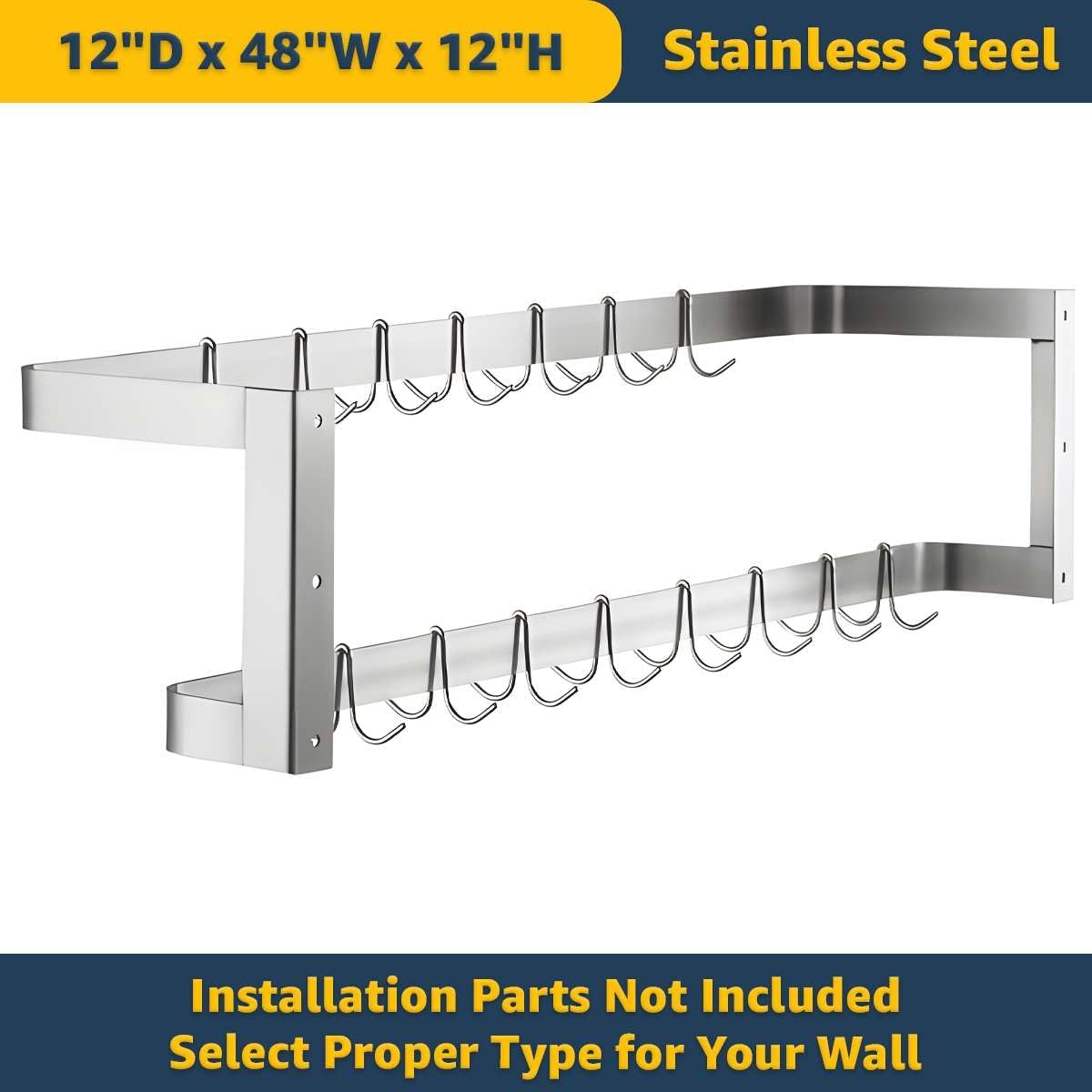 48" Stainless Steel Wall Mounted Pot Rack, Double Line Design with 18 Hooks for Cookware, NSF
