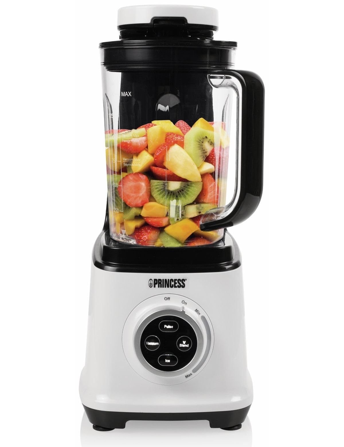 Princess Vakuum-Mixer – 6 Klingen, 1,5 L Mixbehälter, 1 L Trinkflasche, Stufenloser Drehregler, 800 Watt, Impulsfunktion BPA-Frei, 219600 weiß, schwarz