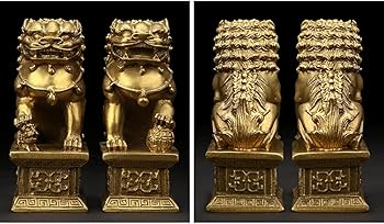 Amazon.co.jp: 獅子 狛犬 招財 雄雌セット 一対 銅製 風水グッズ 風水