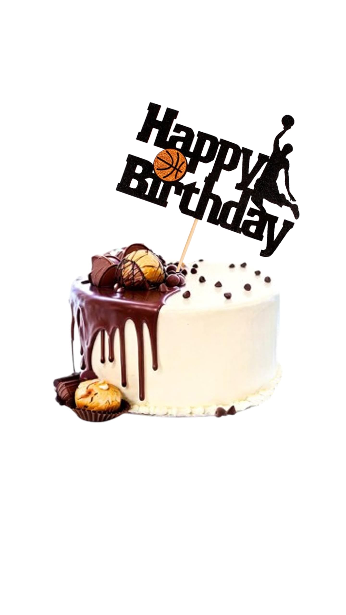 Basketball Cake Topper - Basketball Scene-Themed Cake Decoration for Man Boys Birthday Party - Black Glitter Fruit Picks - Event Supplies and Decorations