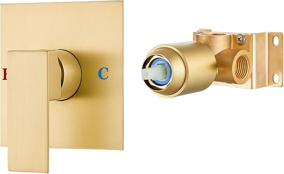 Airuida Single Handle Shower Valve Trim Kit Wall Mount Brass Rough-in Valve with Female Thread Connection,Square Shower Handle with 4.3 Inch Cover Plate Brushed Gold