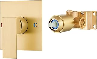 Airuida Square Single-Function Shower Handle Valve Female Thread Wall Mount Brass Faucet Shower Rough-In Valve Bathroom Single Handle Trim Kit 4.3 Inch Cover Plate Brushed Gold