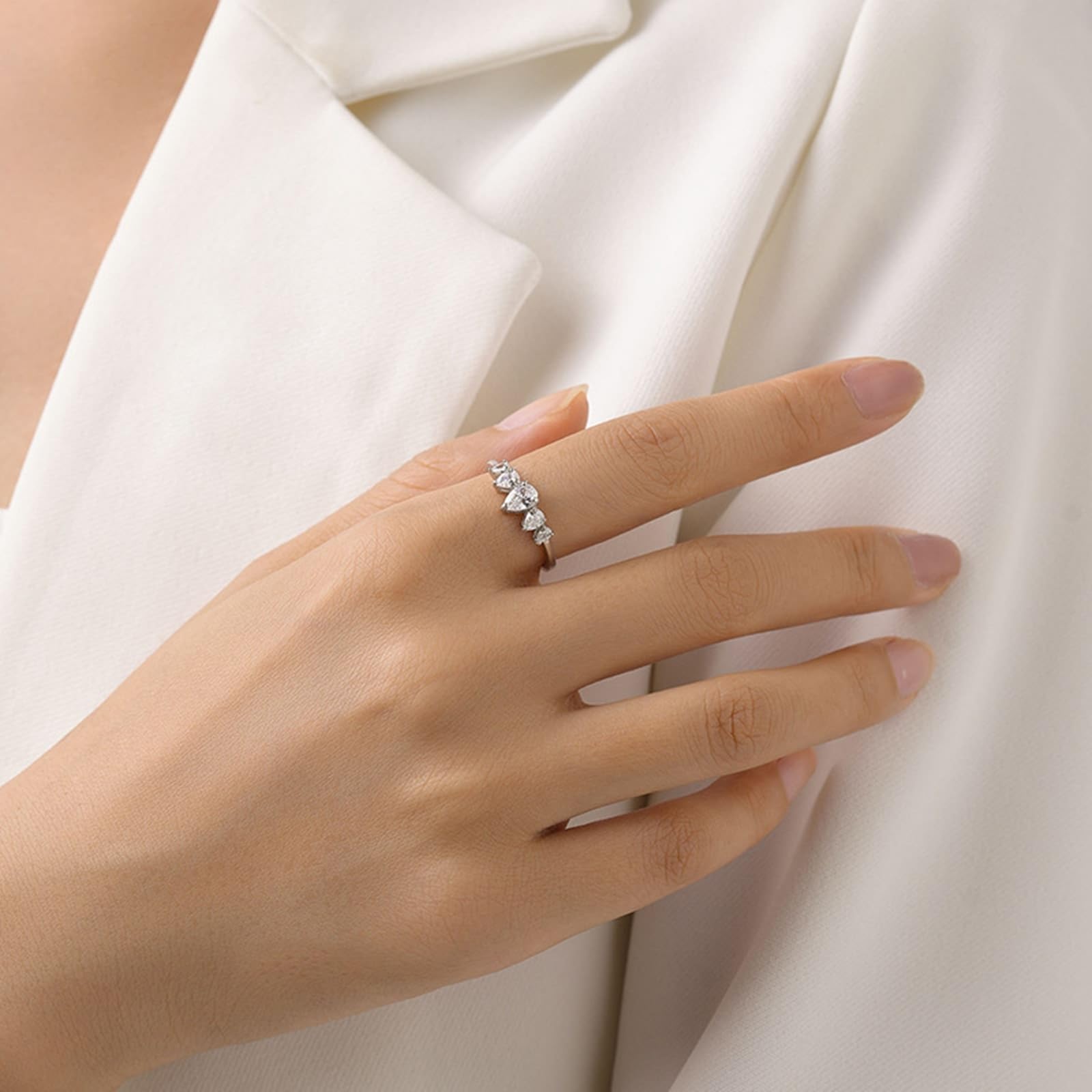 Anello dell'amicizia in oro bianco 9 K/14 K/18 K, con moissanite taglio a goccia, anelli dell'amicizia in oro bianco Au 375/585/750, misure 47-65