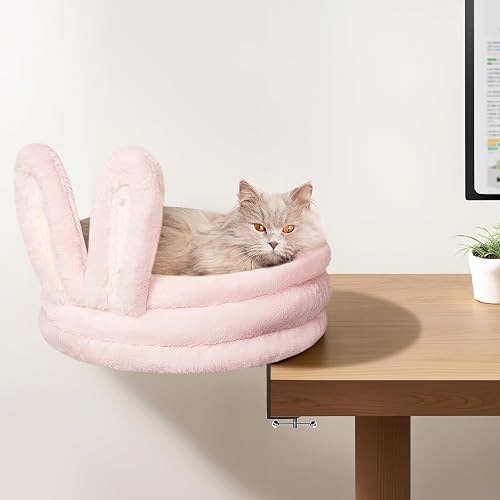 GreenPetopia 360ยฐ Rotation Cat Desk Bed, Cat Hammock Bed with Soft Rabbit Ear Cushion, Desktop Elevated Cats Beds with Metal Frames, Cats Desk Perch for Table, Pink - Pink
