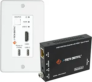 J-Tech Digital 4K HDMI & USB C Extender Over Single Cat5 5e 6 7 Cable, Up to 164ft Wall Plate Over Ethernet HDR Dolby Vision USB-C Charging Port, PoC, IR, Auto-Switch [JTECH-EXW30]