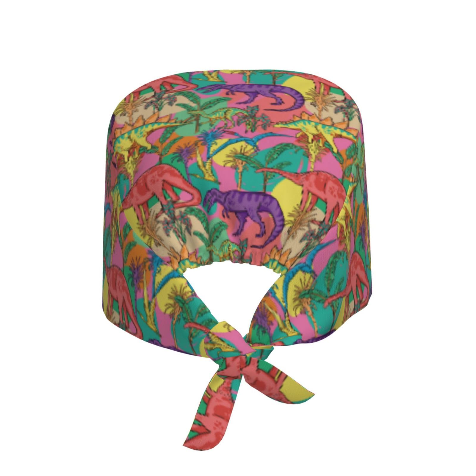 Kuilepa Colorful Dinosaur Print Working Caps With Sweatband Adjustable Working Hats Elastic Scrub Hats Nurse Scrub Cap Nurse Hats
