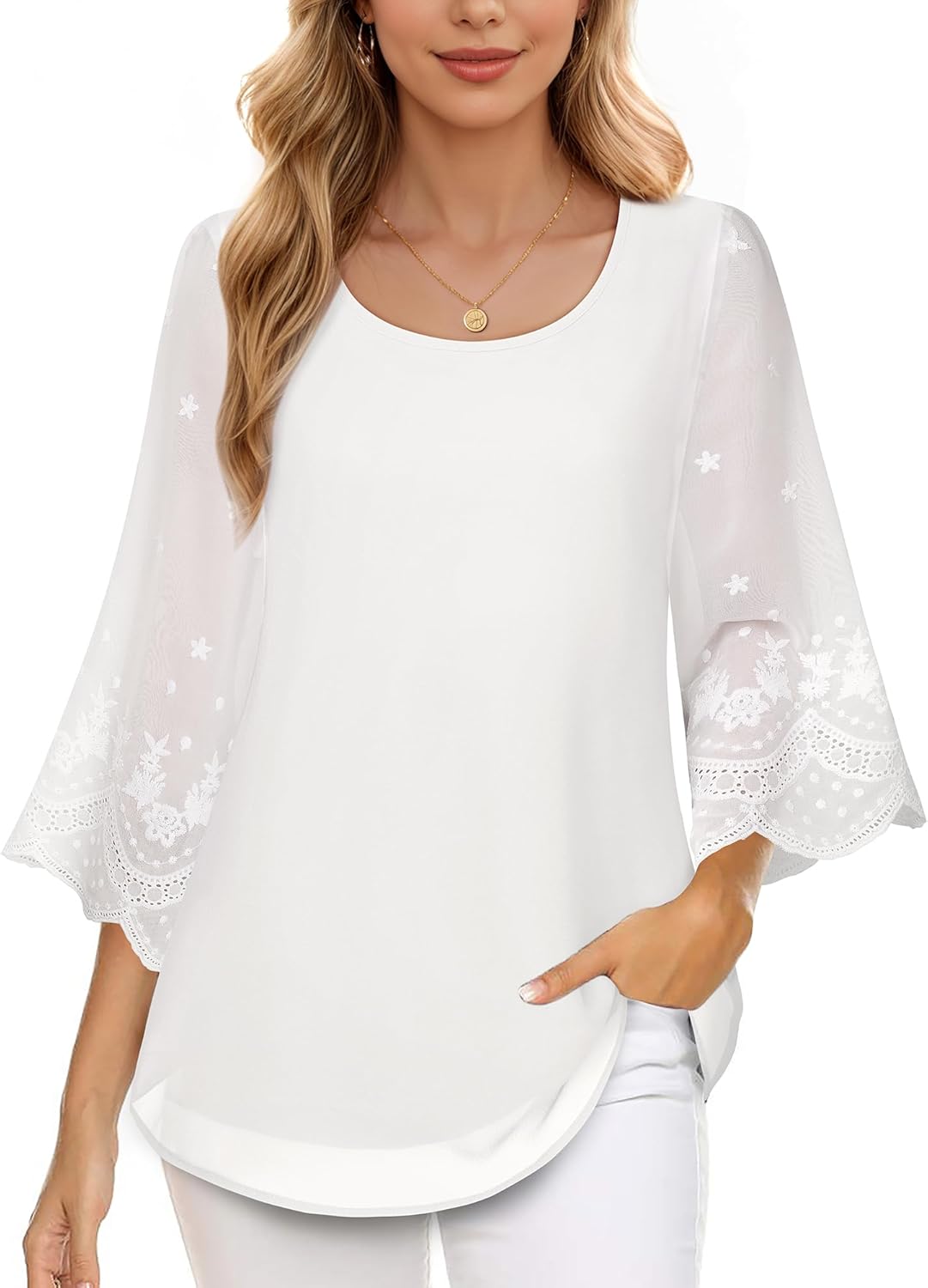 Women's Blouses Bell Sleeve Double Layers Casual Round Neck Embroidered Elegant Chiffon Tunic Top - Image 3