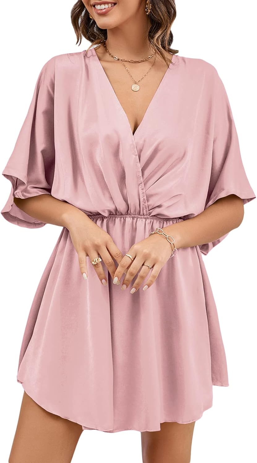 LYANER Women's Satin V Neck Twist Ruffle Flowy Swing Short Sleeve Elegant Mini Dress - Image 6