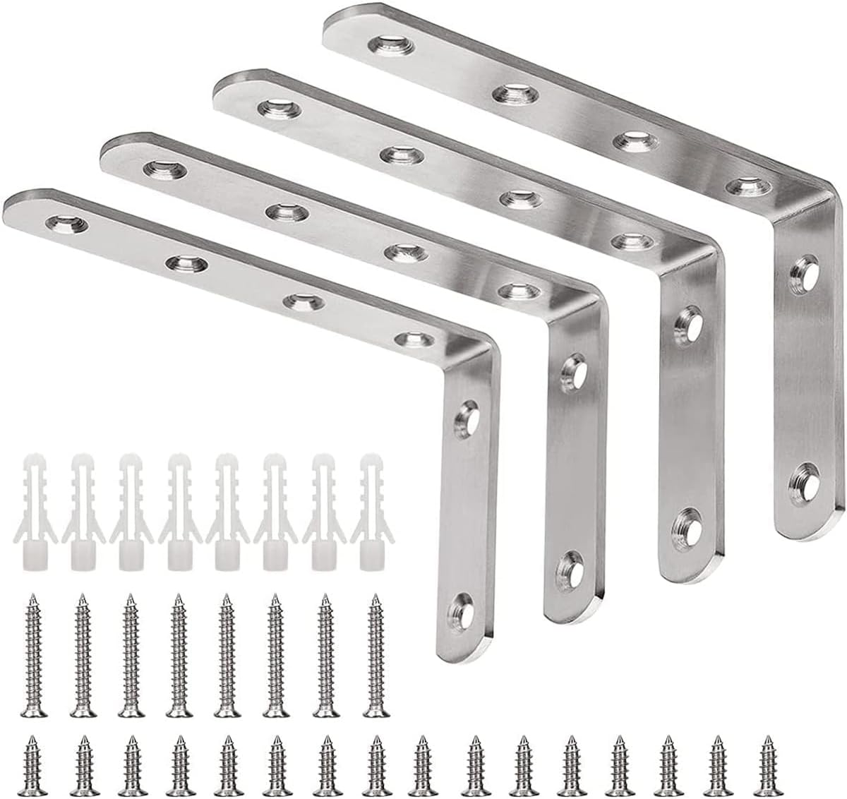 X spring L Bracket with Screws, 4 PCS Heavy Duty Angle Bracket, 90 Degree Stainless Steel Right Angle Bracket with Screws, Easy to Install Shelf Brackets, Suitable for Acrylic Wood Board Support