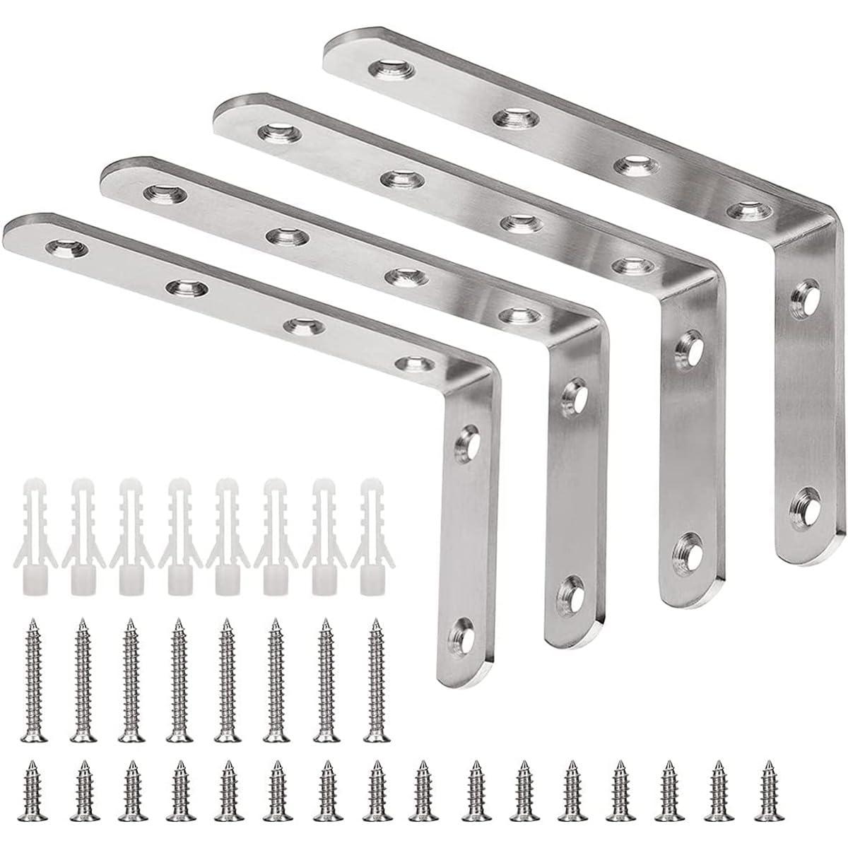 Joyzzz L Bracket with Screws, 4 PCS Heavy Duty Angle Bracket, 90 Degree Stainless Steel Right Angle Bracket with Screws, Easy to Install Shelf Brackets, Suitable for Acrylic Wood Board Support