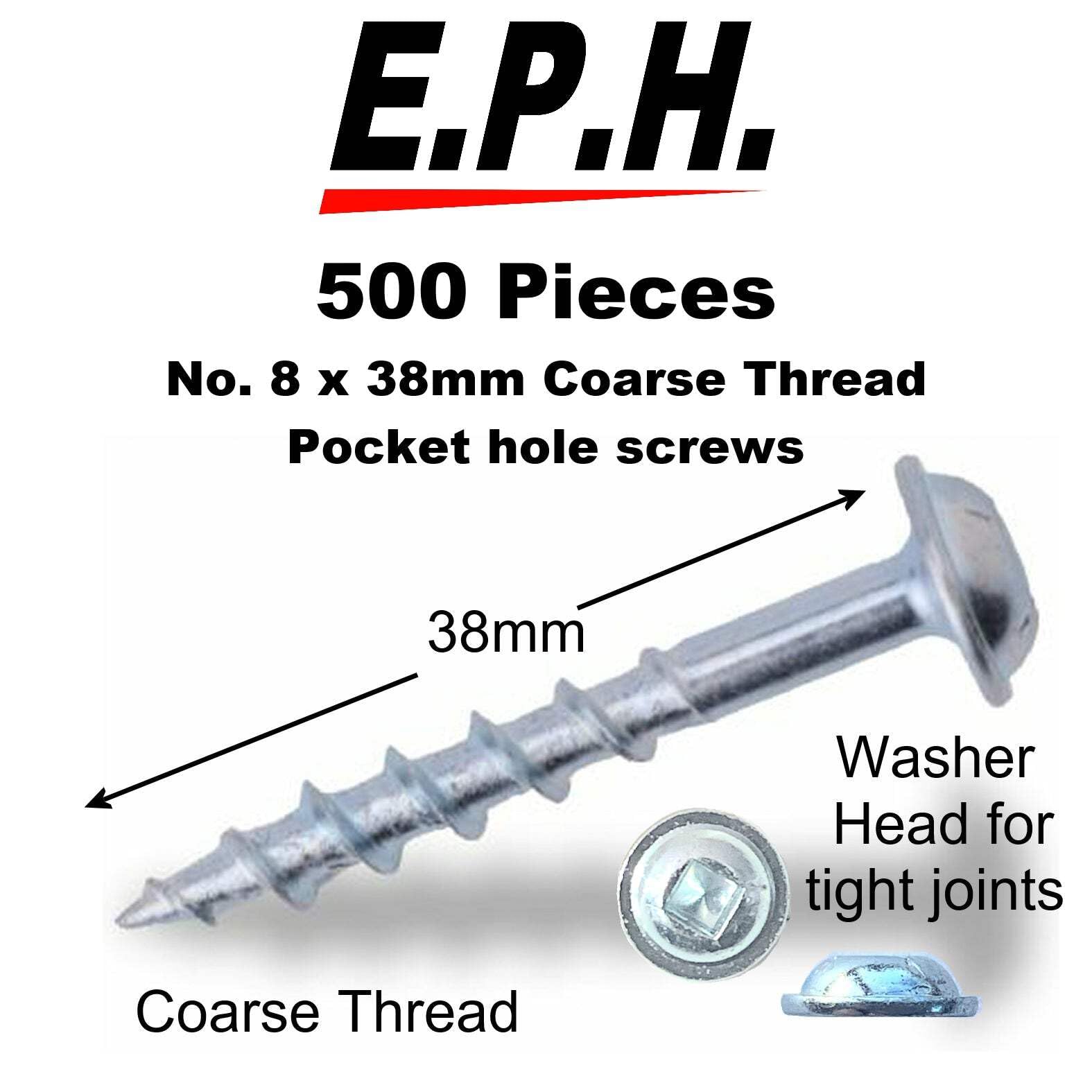 E.P.H. Pocket Hole Screws, No.8 x 38mm, Pack of 500, Coarse Self-Cutting Thread, Square Drive - Image 2
