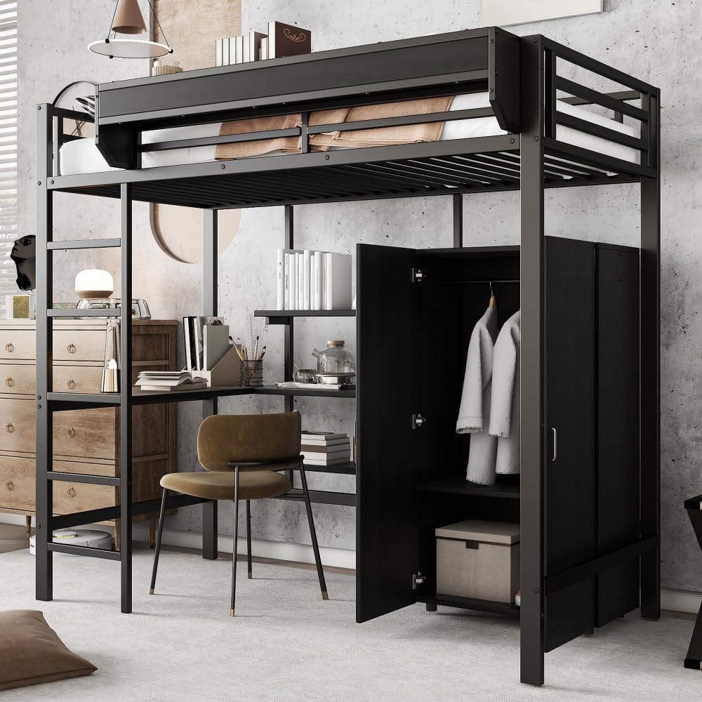 I0I&I0I Litera de hierro para niños con mesa y armario, amplio espacio de almacenamiento con escalera de 5 niveles, tablero de partículas de hierro, color negro + metal y madera + 90 cm x 200 cm