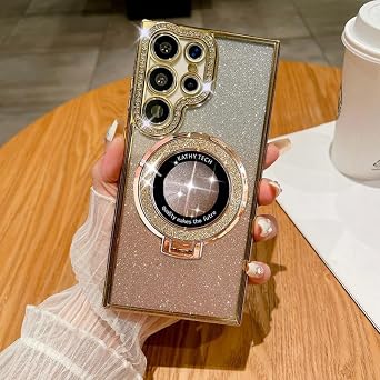 Magnetic Kickstand Glitter Diamond Bumper  Case for Samsung Galaxy S24 S23 S22 Ultra Plus Compatible with Magsafe  Sparkling Cover Glitter Shiny Rhinestone Cases Gold,for Galaxy S22 Ultra