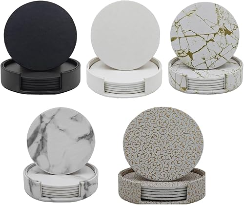 Miniatura 5 de Posavasos negros para bebidas, juego de 6 posavasos de cuero con soporte para posavasos, perfectos para mesa de café y escritorio de oficina (negro)