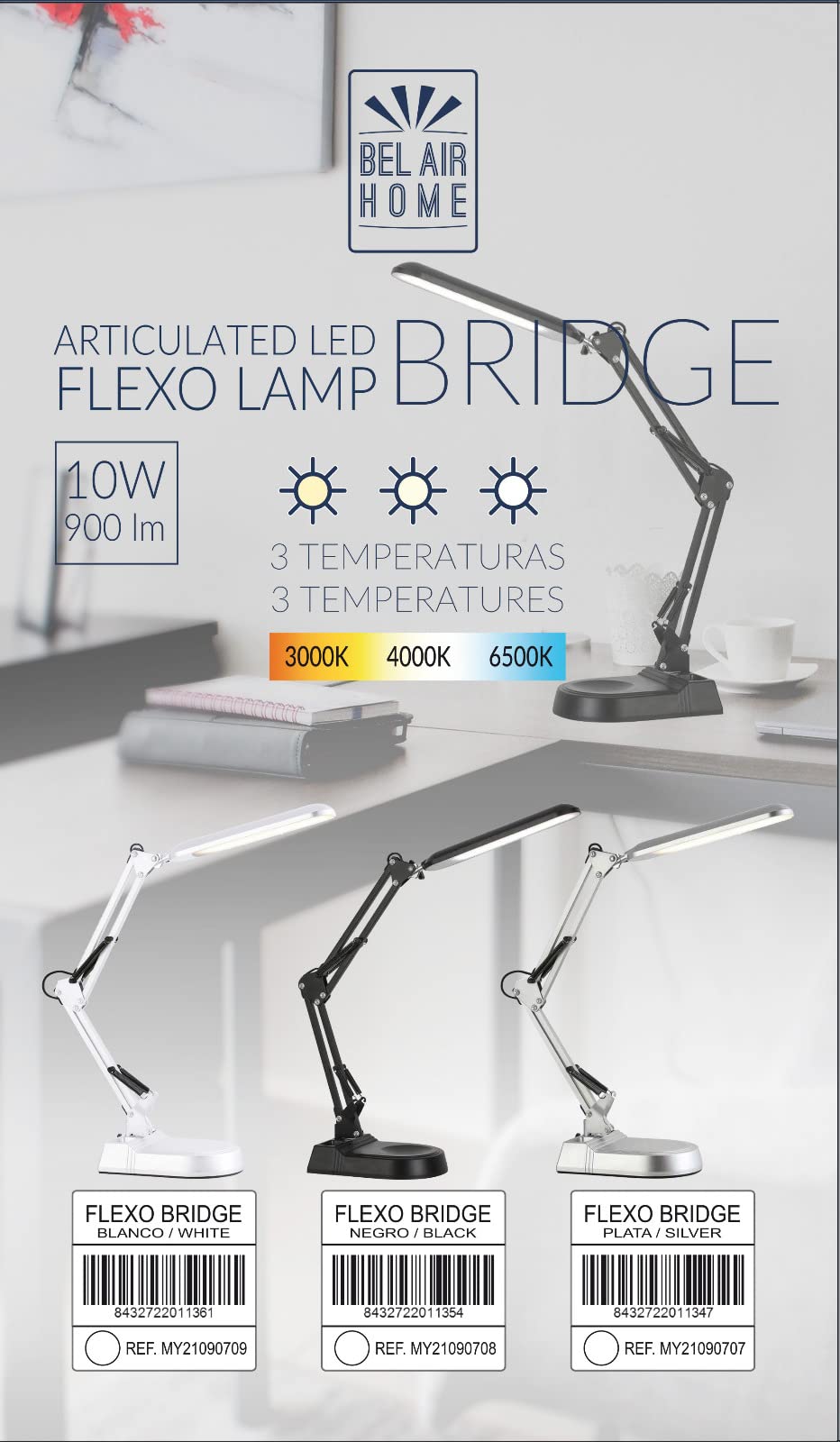 BEL AIR HOME - Lámpara Flexo Led 10W de Escritorio Articulable Bridge - Protección ocular - 3 temperaturas de luz 3000-4000-6000K (BLANCO)