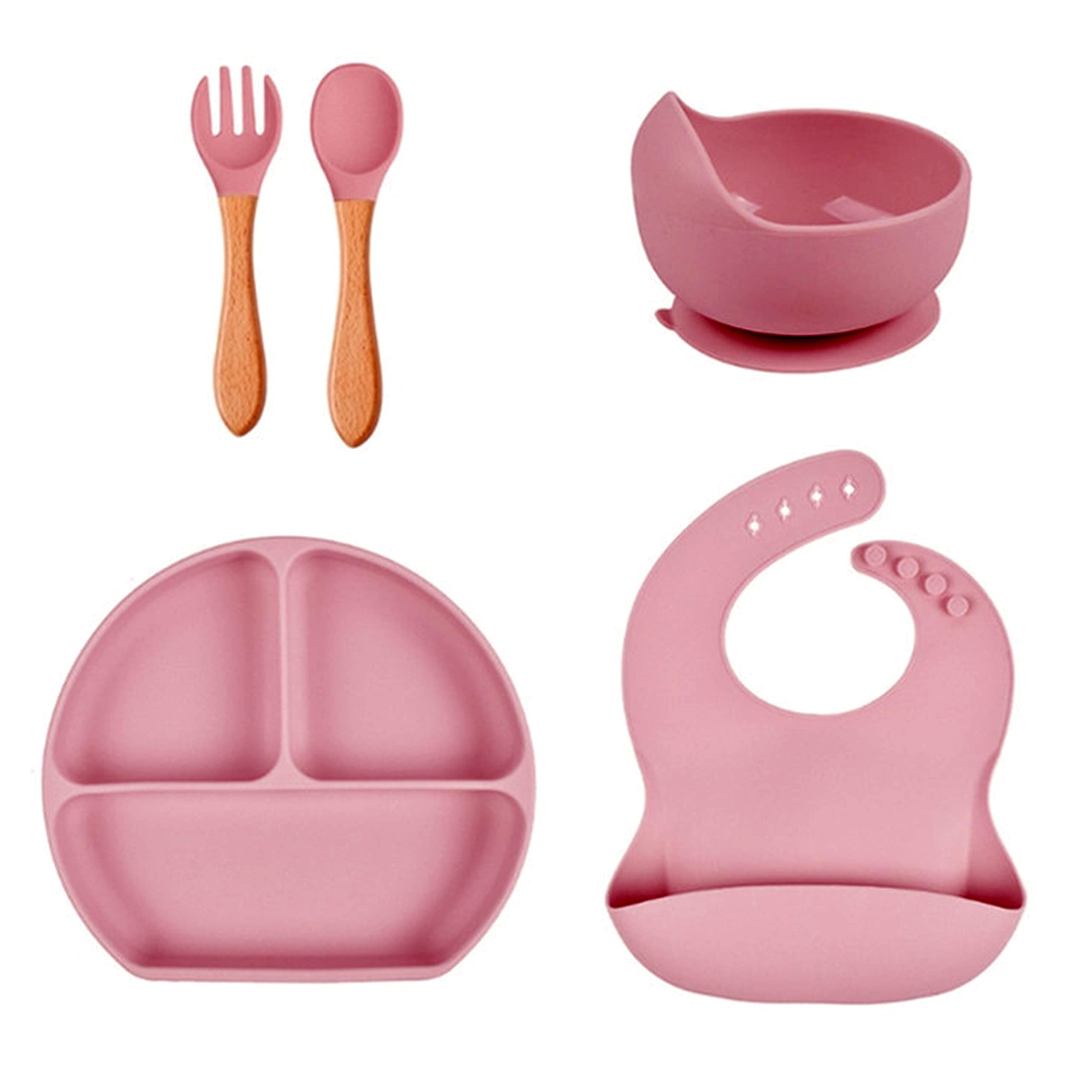 SEOR Baby Toddlers Infants Feeding Set Adjustable Silicone Bibs Divided Silicone Baby Plate Tiny Training Cup Suction Bowl Soft Spoon Forks| Self-Feeding Baby Utensils