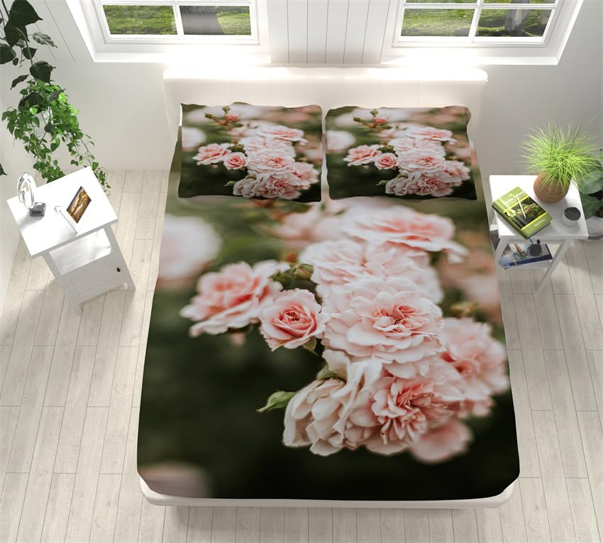 Sabanas 90X190 Flores Rosas Bedding Juego De Sabanas 3 Piezas - Poliéster Microfibra Cepillada Funda Colchon - Hipoalergenica Juego De Sabanas - 2 Fundas De Almohada