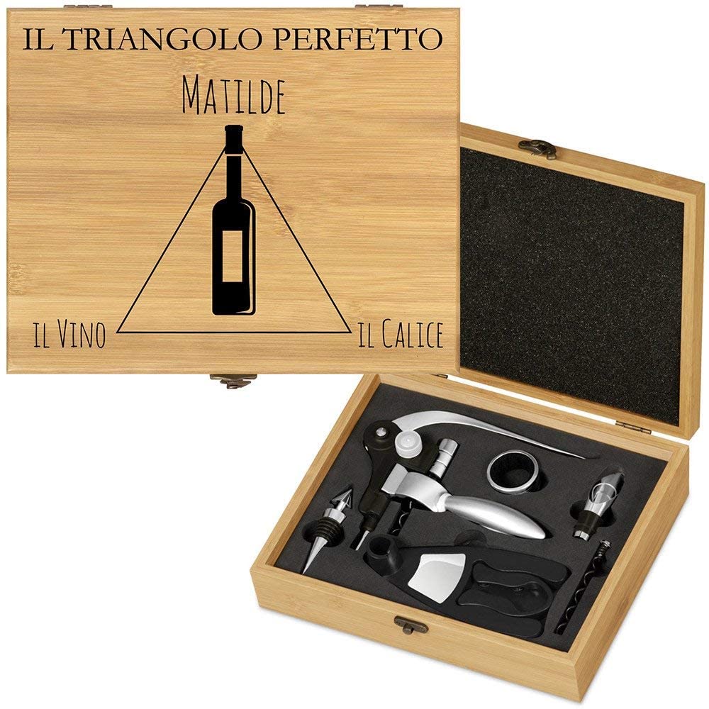 Maverton Set di Accessori da Vino Deluxe - Kit Cavatappi da Vino Personalizzato - Scatola in Legno di bambù + 8 Pezzi di Accessori Vino - Regalo Donna - Triangolo