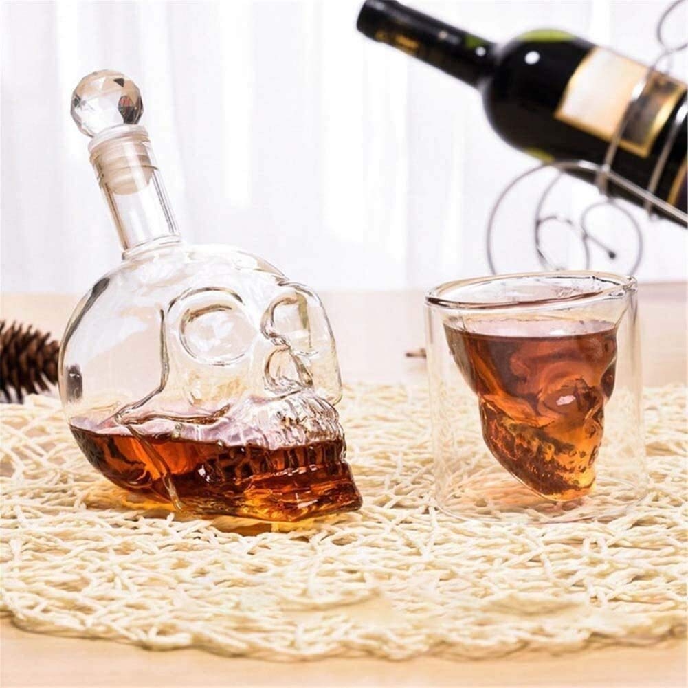 Estante para vino Decantador de whisky Cráneo Vino Whisky Juego de vasos de vodka Decantador de vino y juego de vasos con diseño de doble pared con tapón con 6 vasos de whisky de 75 ml para bar de f