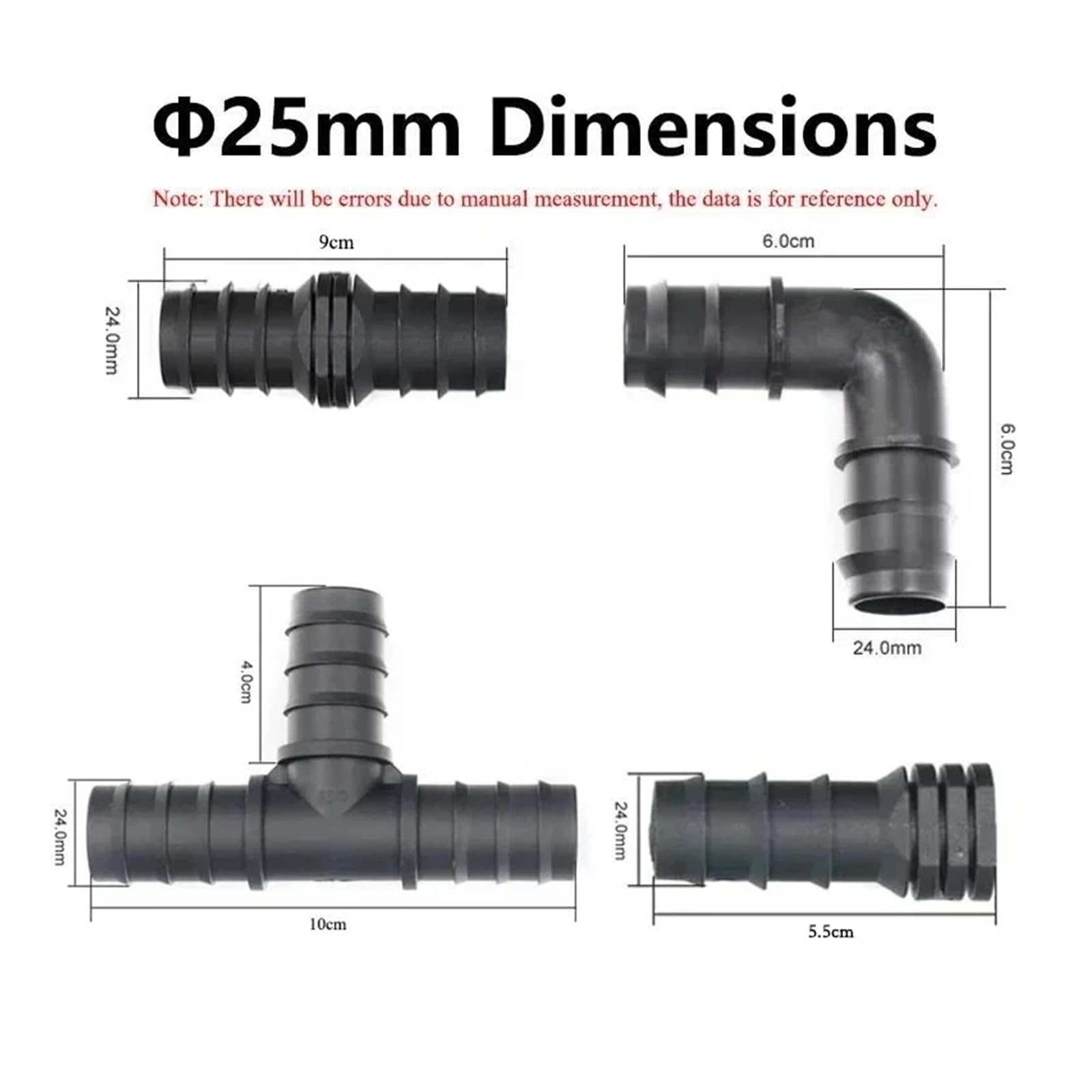 16mm 20mm 25mm PE-Rohr Barb Anschlüsse T-Stück Ellenbogen Gerade Endstopfen Garten Wasser Tropfbewässerung Schlauch Reduzierstück Splitter Fitting(Tee,25MM_50 PIECES)